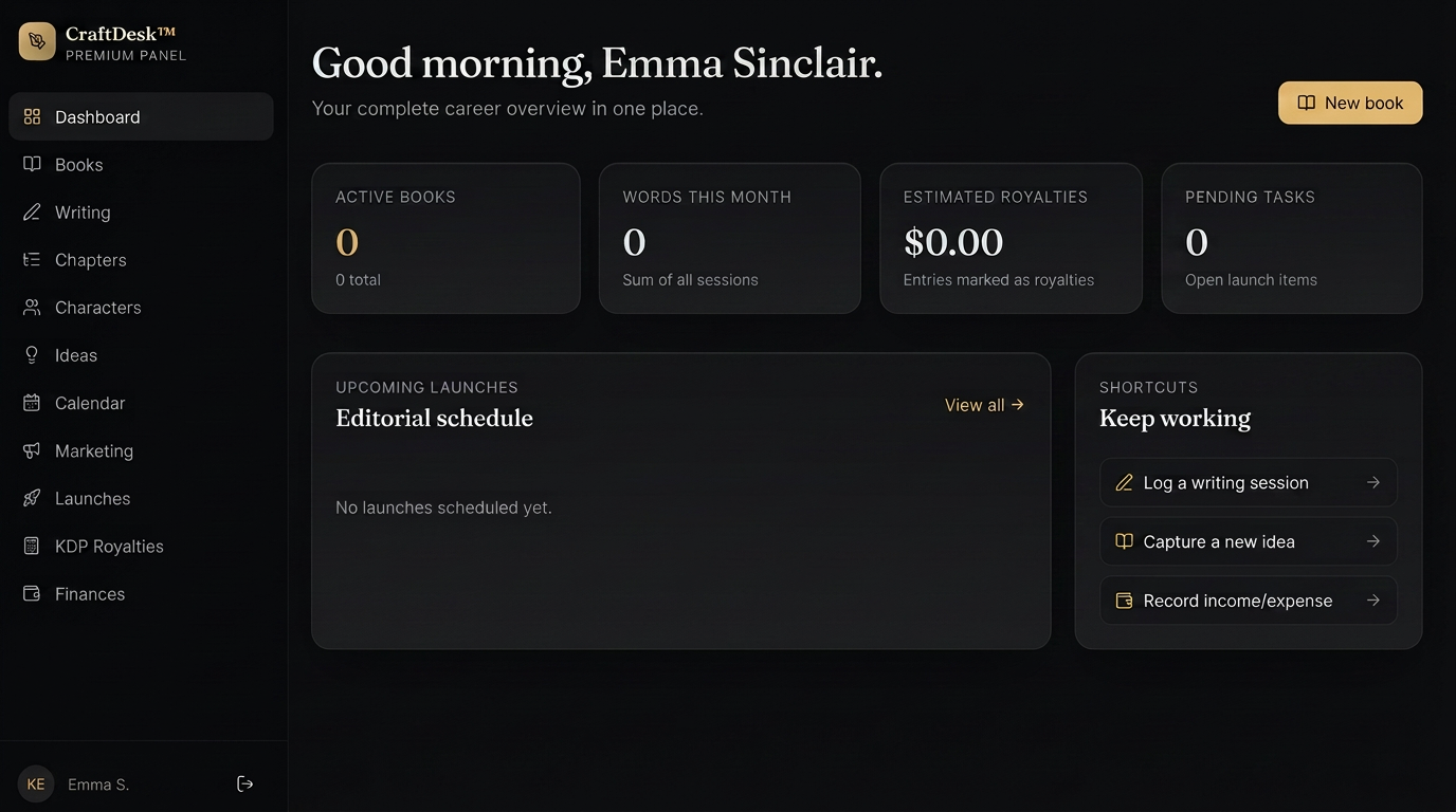 CraftDesk dashboard showing word count, daily streak and book catalog